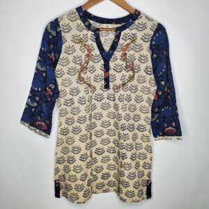 Kalanjali Womens Blue Floral Embroidered Tunic Top Size S Pintucked Bohemian